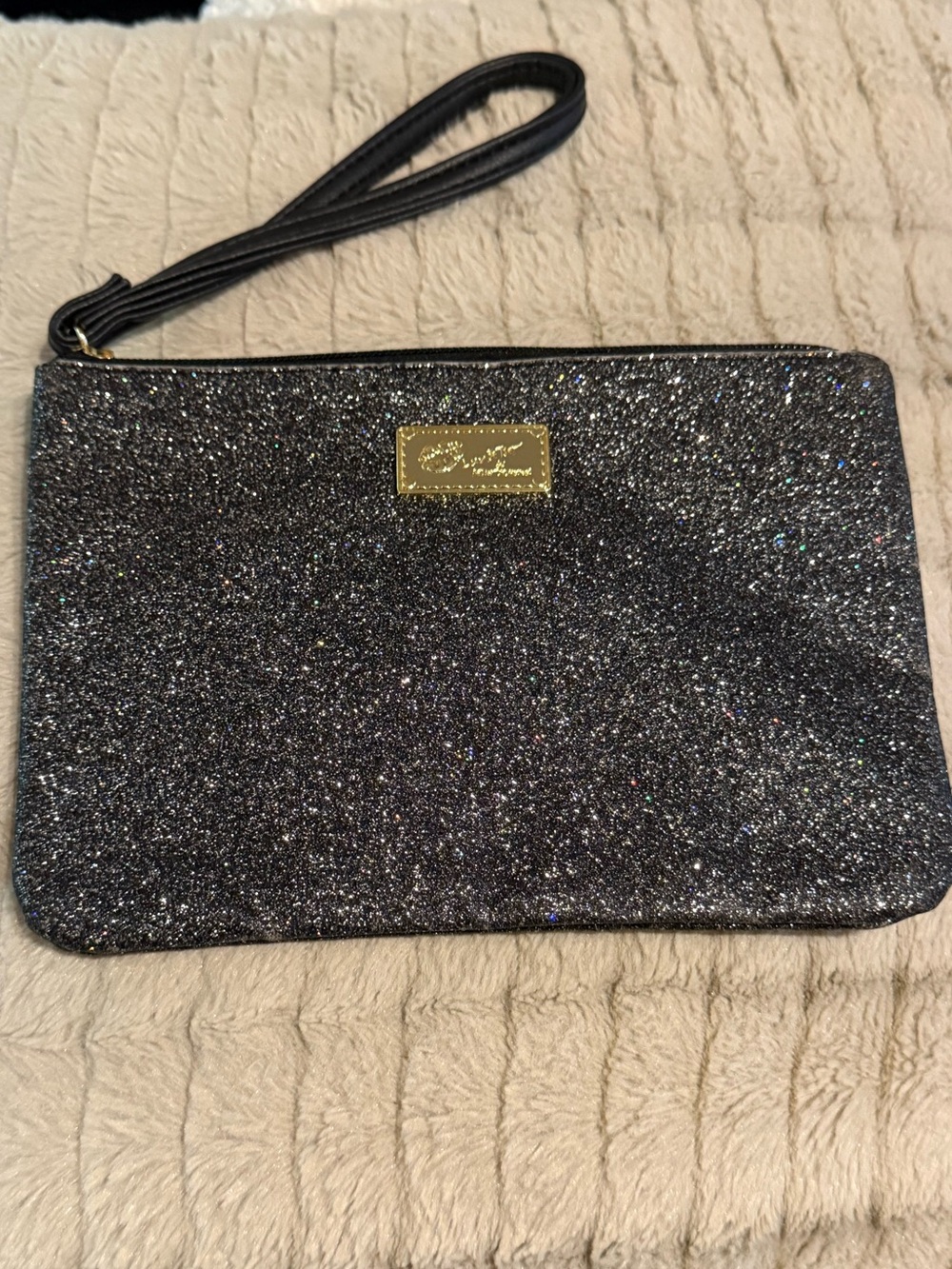 Betsey Johnson Black Glitter Wristlet with Gold Logo Plate